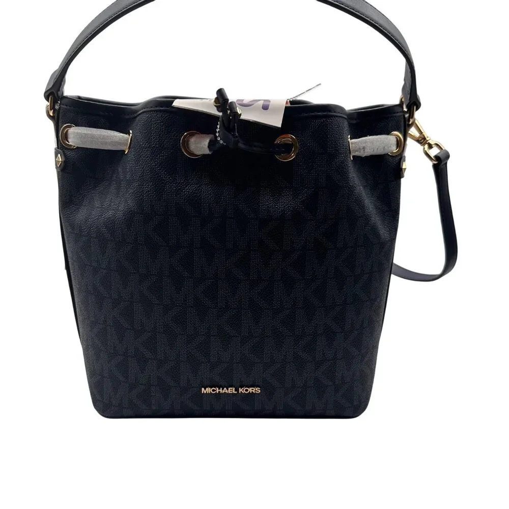 Michael Kors MK Signature Blue Bucket Bag Designer Logo Tote Gold Hardware